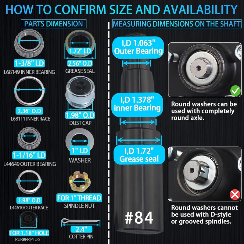 iBroPrat 2 Sets 3500 LB Boat Trailer Axle Bearing Kits, L68149 L44649 Bearing Kits, 171255TB/10-19 Grease Seals, Spindle Nuts, 1.98" Dust Covers and Rubber Plugs, Cotter Pins,Washers for #84 Spindle - Image 2